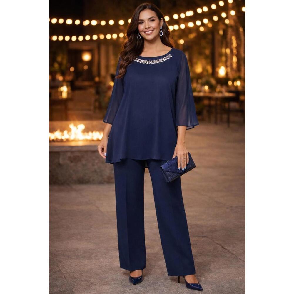Catherines 2XWP Navy Embellished Neck Layered Sheer Blouse Elegant Evening